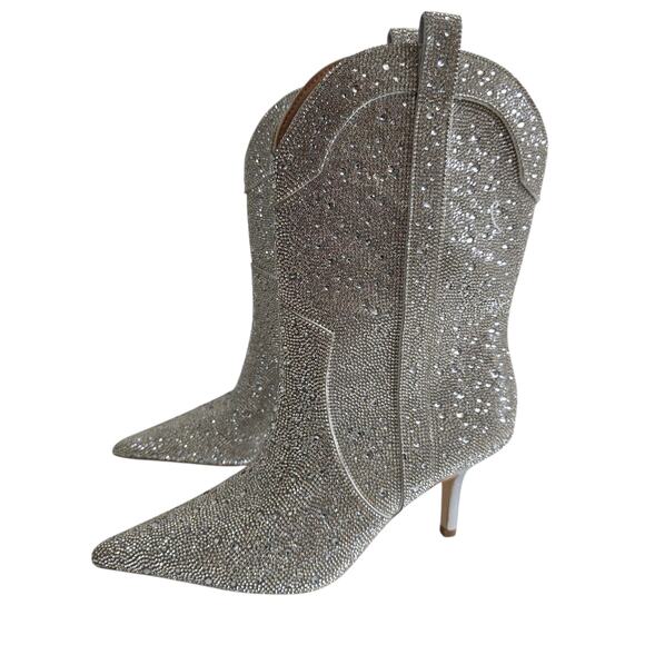 Steve Madden Size 9.5 Sparkly Silver Rhinestone Pointy Toe Heeled Western Boots - Picture 1 of 8